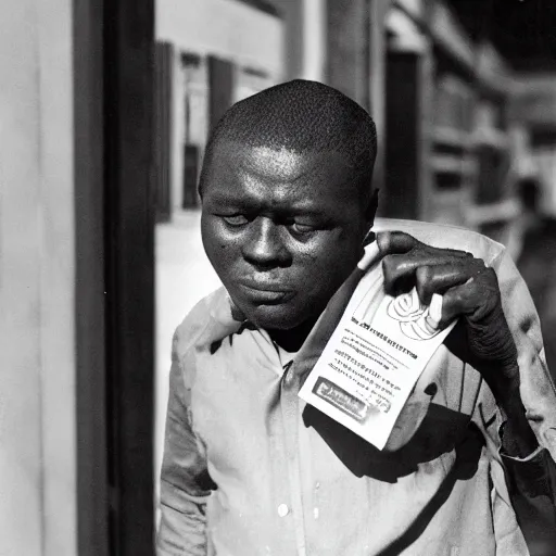 Image similar to award winning photo, blind man selling coupons