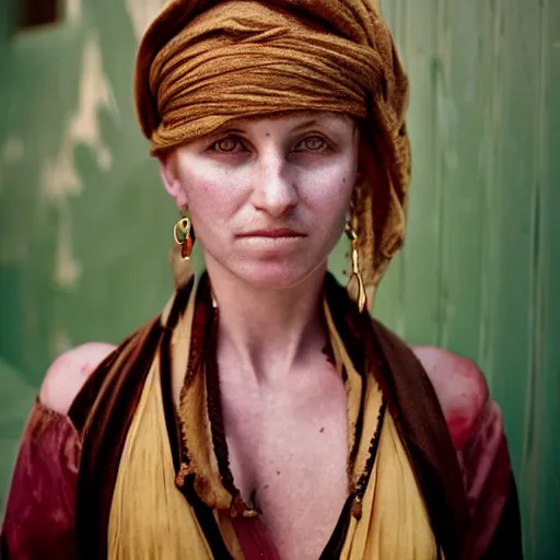 Image similar to beautiful 1 9 th century barbary coast pirate female models with ginger hair and golden hooped earrings photography by steve mccurry