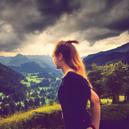 Image similar to a beautiful photograph of a girl with switzerland landscape in the background with trees, hdr, 8 k, high quality, sharp focus, artstation, highly detailed, award - winning, dramatic lighting, beautiful clouds, and nature