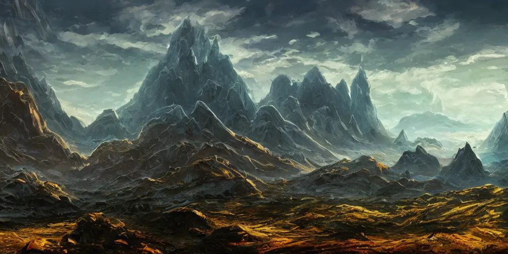 Prompt: The eldritch landscape with mountains in the background, Sci-Fi fantasy desktop wallpaper, painted, 4k, high detail, sharp focus