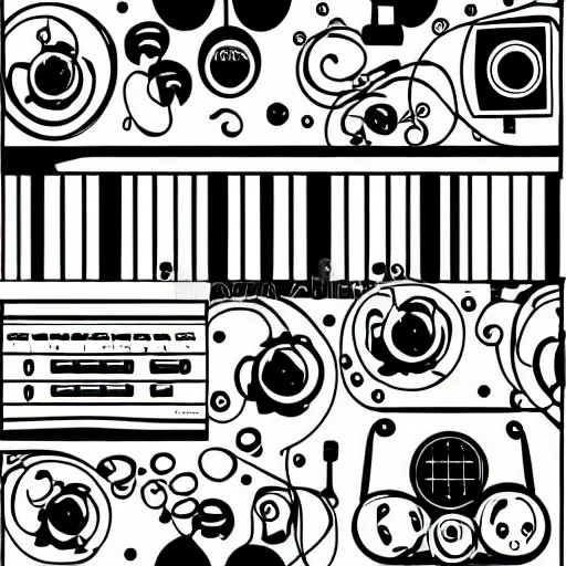 Prompt: a vector illustration of synthesizer, black and white, white background