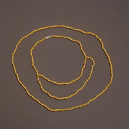 Image similar to a studio photoshoot of a Gold Beaded Chain with 12 beads, designed by Tom Sachs, realistic, color film photography by Tyler Mitchell, 35 mm, graflex