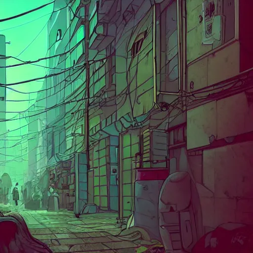 Prompt: a busy alley in cyberpunk warsaw, dystopian, ethereal lighting, night time, haze, josan gonzales