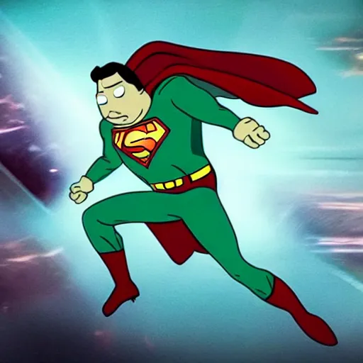 Image similar to movie still pickle rick as superman