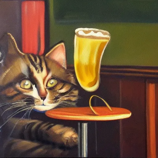 Prompt: oil in canvas of a cat drinking beer a bar, it is sad