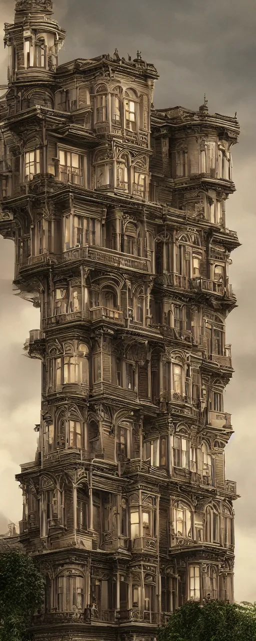 Image similar to very tall multi Level victorian house, rule of thirds, Street scenery, Dynamic lighting, cinematic, establishing shot, extremely high detail, photo realistic, cinematic lighting, , post processed denoised, concept design, concept art, artstation, matte painting, midjourney, style by alex ross, raphael lacoste, eddie mendoza