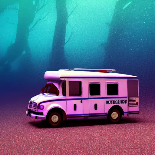 Prompt: Abandoned Ambulance with an Unknown Figure sitting in the back, Underwater, Purple Glow, Realistic, 4k