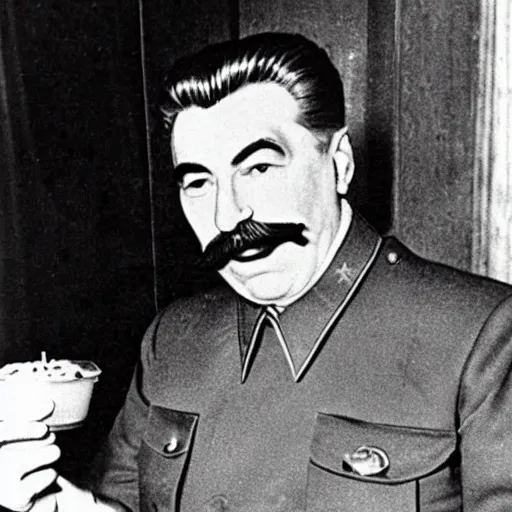 Image similar to joseph stalin enjoying a happy meal at mcdonald's