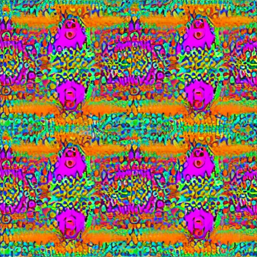 Image similar to colorful 3 d autostereogram illusion puzzle with psychedelic mushrooms dancing among a tie dye desert of peyote | symmetrical seamless tile