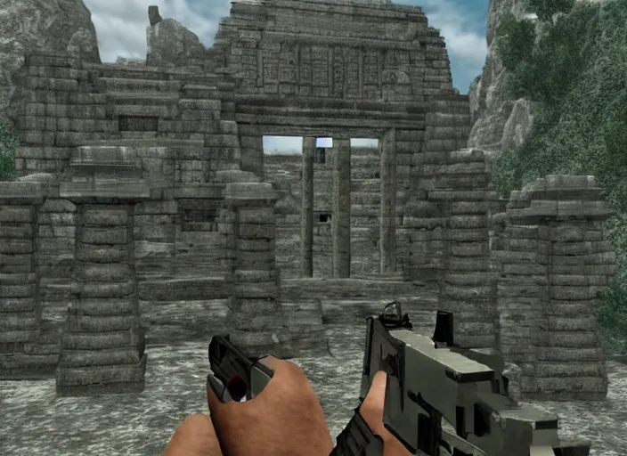 Image similar to a lonely temple next to an ancient city. screenshot of goldeneye. nintendo 6 4 ( 1 9 9 6 )