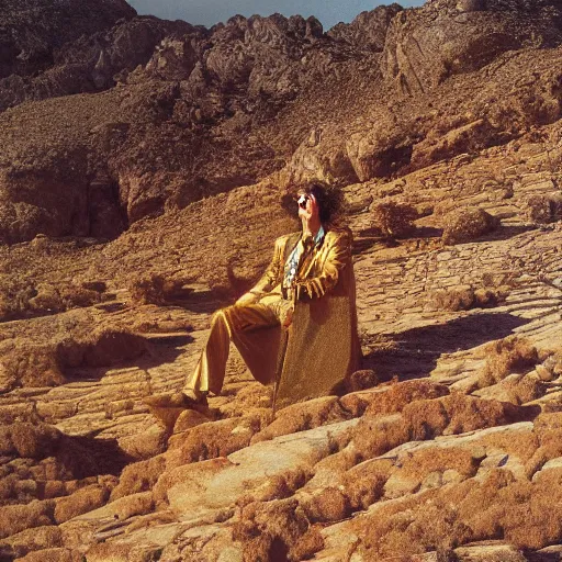 Image similar to mick jagger dressed in golden costume with jewels in a dry rocky desert landscape, visible sky and sunny atmosphere, fata morgana by alejandro jodorowsky, anamorphic lens, kodakchrome, 8 k -