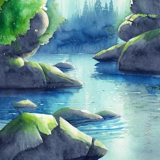 Image similar to beautiful natural scene filled with happy picturesque charming organic sci - fi pod homes. water, trees and rocks. beautiful light. grainy and rough. soft colour scheme. beautiful artistic detailed watercolor by lurid. ( 2 0 2 2 )