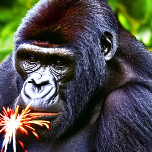 Prompt: portrait of a gorilla with fireworks reflected in its eyes