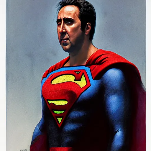 Prompt: Portrait of Nicolas Cage as superman, DC, dark fantasy, intricate, smooth, artstation, painted by Wayne Barlowe, Greg Rutkowski, Zdislav Beksinski