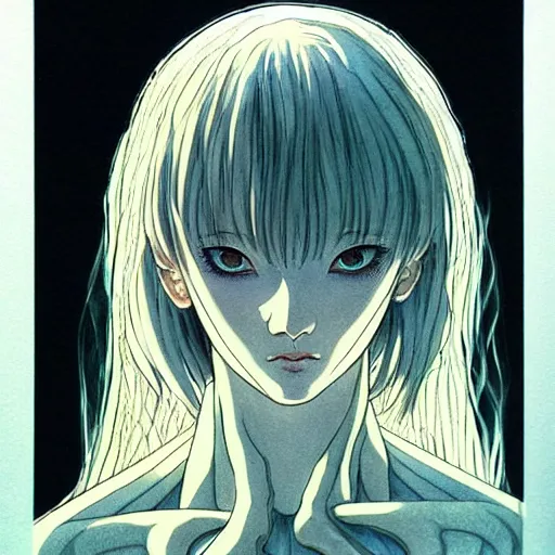 Image similar to prompt: Fragile looking soft light portrait face drawn by Katsuhiro Otomo, inspired by Ghost in Shell anime, magical and alchemical objects on the side, soft light, monochrome background, intricate detail, intricate ink painting detail, sharp high detail, manga and anime 2000