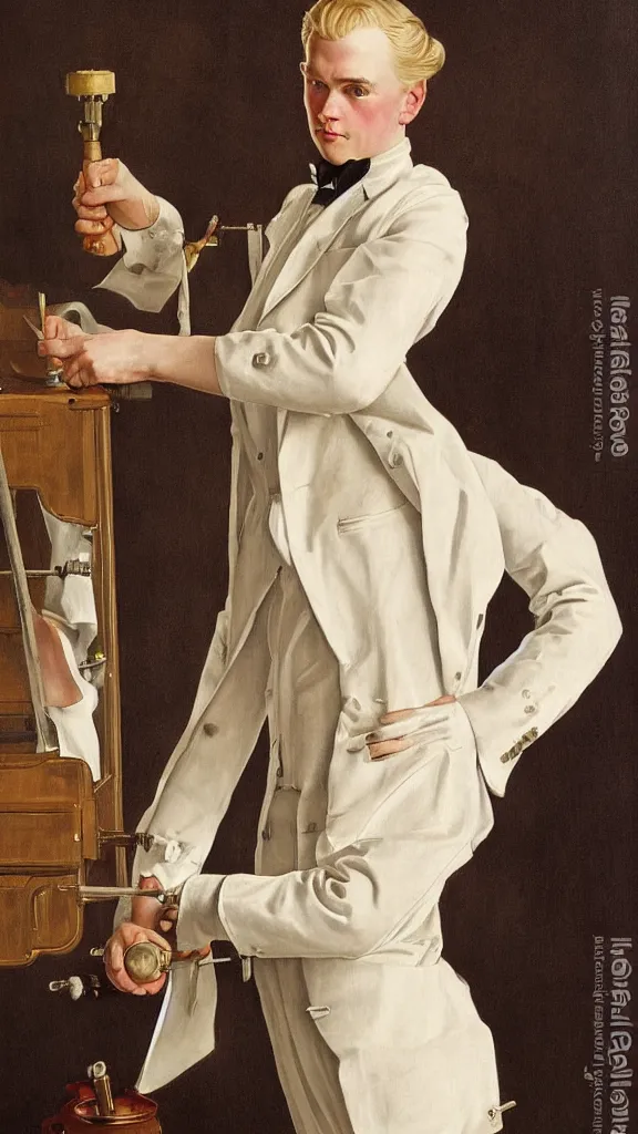 Image similar to Painting of lucius as a German tailor, long blond drill curls, delicate androgynous prince, pale milky white porcelain skin, by Leyendecker and Norman Rockwell