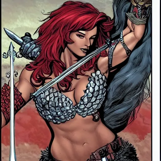 Image similar to Red Sonja wielding a huge sword, with a dead monster at her feet. J. Scott Campbell