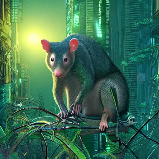Prompt: possum lost in the jungle at night, cyberpunk, isometric, highly detailed, hyperrealistic 8k , digital art