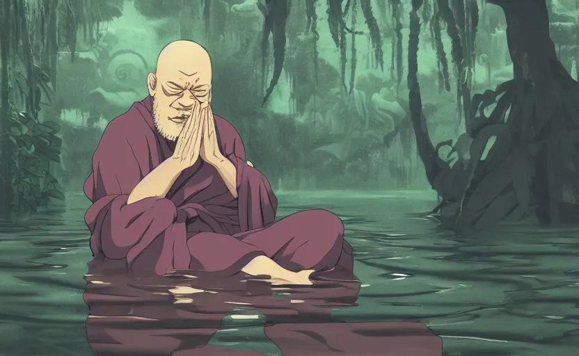 Prompt: a film still portrait of a mauve old monk meditating inside in a flooded temple jungle. finely detailed features, closeup at the faces, chronenberg, perfect art, grimdark, trending on pixiv fanbox, painted by studio ghibli