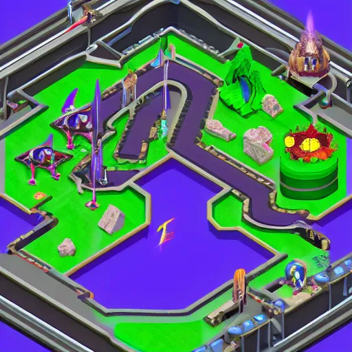 Image similar to isometric aerial view of a new mario kart 64 level, featuring the eye of sauron, helm's deep, and barney the purple dinosaur