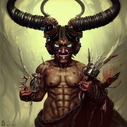 Image similar to portrait, cyberpunk japanese oni demon with horns, stern expression, long hair, highly detailed, digital painting, artstation, concept art, smooth, sharp focus, illustration, artgerm, tomasz alen kopera, peter mohrbacher, donato giancola, joseph christian leyendecker, wlop, frank frazetta