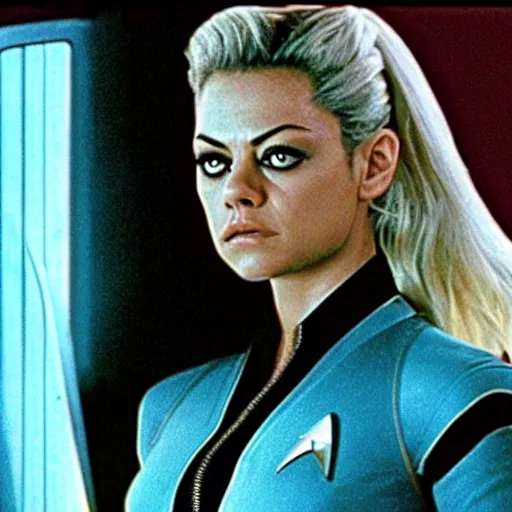 Prompt: A still of Mila Kunis as Seven of Nine in Star Trek Voyager (1995)