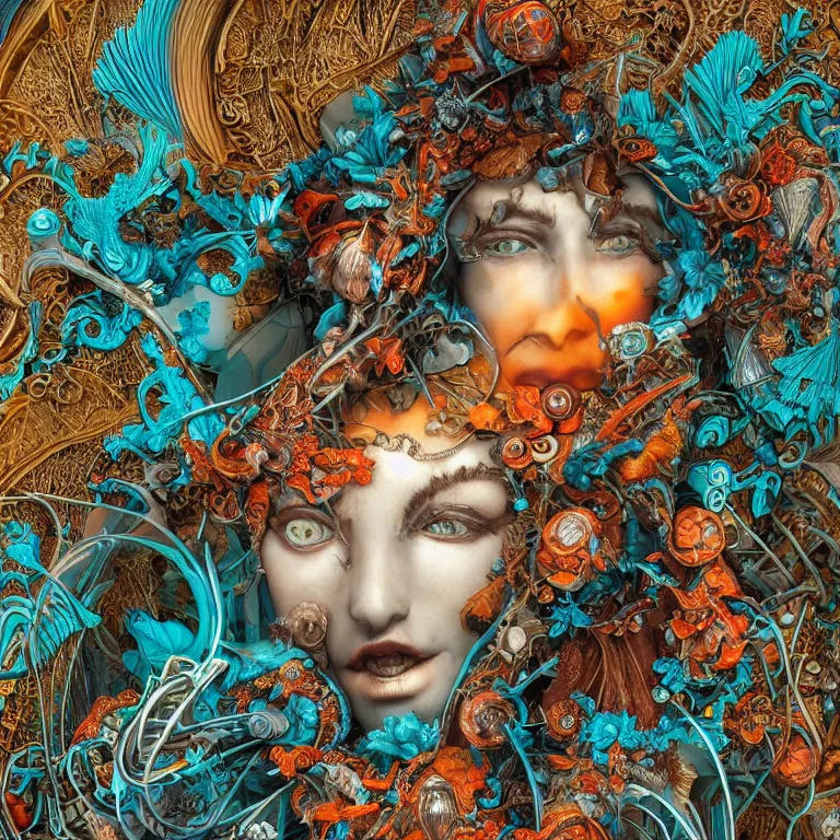 Prompt: cinema 4d colorful render, organic, dark scene, ultra detailed, of a porcelain grimes face. biomechanical, analog, macro lens, hard light, big leaves and large orange Dragonflies, stems, roots, fine foliage lace, turquoise gold details, high fashion haute couture, art nouveau fashion embroidered, intricate details, mesh wire, mandelbrot fractal, anatomical, facial muscles, cable wires, elegant, hyper realistic, in front of dark flower pattern wallpaper, ultra detailed
