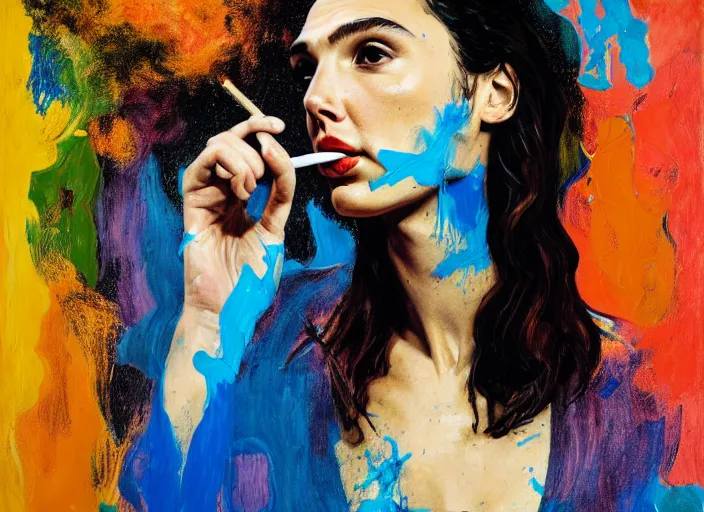 Image similar to portrait of gal gadot smoking a sigaret, by vincent lefevre and hernan bas and pat steir and hilma af klint, psychological, photorealistic, dripping paint, washy brush, rendered in octane, altermodern, masterpiece