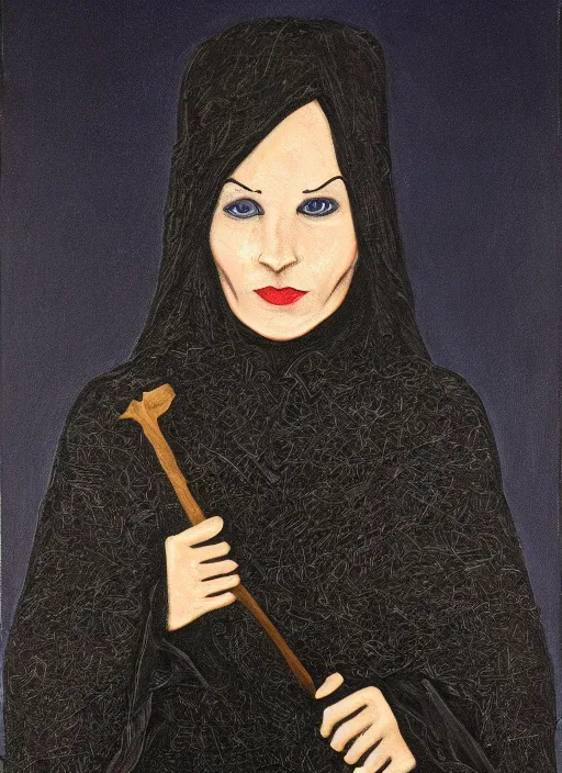 Image similar to portrait centered on a raven in a vantablack cloak and holding a symbolic weapon. painting in the style of symbolism. portrait hung up in a windows 9 8 wallpaper. r / oldschoolfantasy