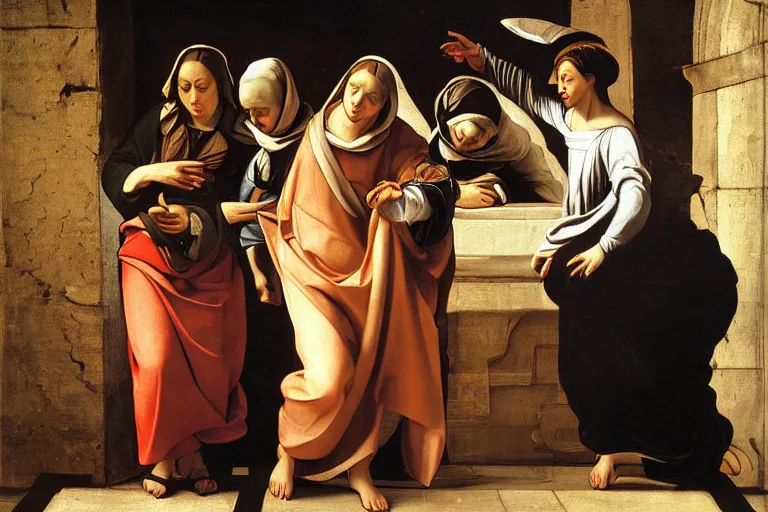 Image similar to painting of 3 women, at the tomb of jesus, dynamic composition, 2 angels, caravaggio, rubens, pieter de hooch