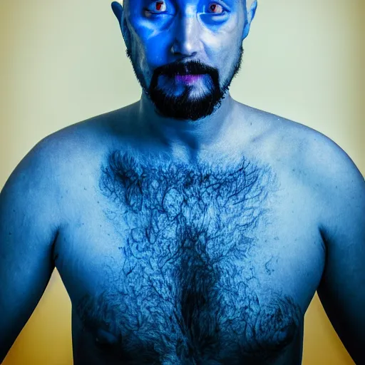 Image similar to fish eye lens close up photograph of a man with blue skin and a goatee side eyeing from below the camera with a sympathetic look