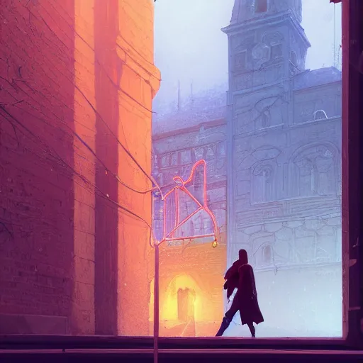 Image similar to movie scene of a church, lviv, a very misty day, a neon sign, by ian mcque ferdinand knab, makoto shinkai and lois van baarle, artgerm, pixar, ilya kuvshinov,, tom bagshaw, global illumination