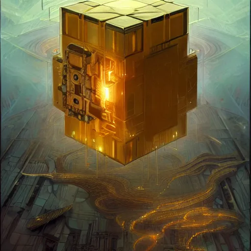 Prompt: hyper realistic golden quantum computer in the shape of a giant cube the size of a city , art by artery and Greg Rutkowski and alphonse mucha, sci-fi, fantasy, intricate, ornate, very very intimidating , highly detailed, digital painting, artstation, concept art, smooth, sharp focus, illustration