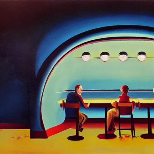 Image similar to the corner booth at a greasy diner on the moon, American midcentury painting, iconic, stunning light