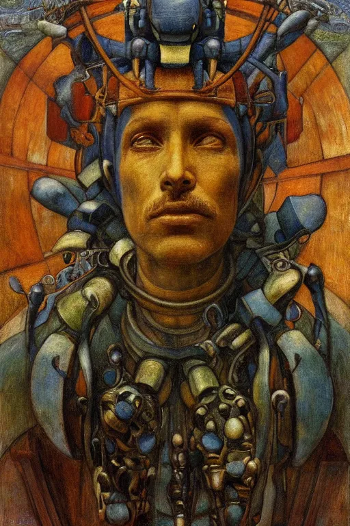 Image similar to the robot king in his bee crown and regalia stands by the window at dusk,by Annie Swynnerton and Diego Rivera and Elihu Vedder, symbolist, dramatic lighting, elaborate geometric ornament, Art Brut, soft blues and greens,smooth, sharp focus, extremely detailed, Adolf Wölfli and (Evelyn De Morgan)