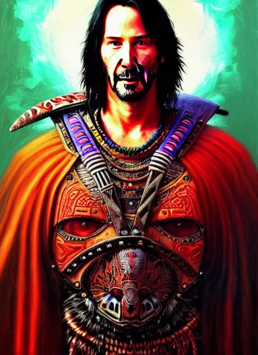 Prompt: portrait of keanu reeves, hyper detailed ultra sharp aztec shaman warrior. trending on artstation, warpaint aesthetic, bloodwave, colorful, psychedelic, ornate, intricate, digital painting, concept art, smooth, sharp focus, illustration, art by artgerm and greg rutkowski and h. r. giger, 8 k