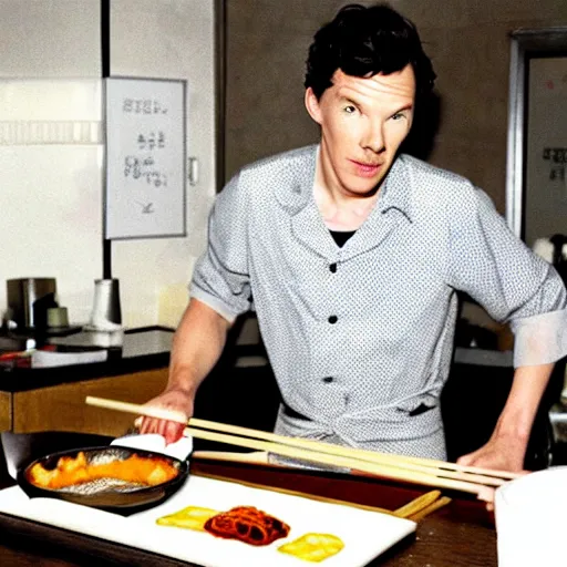 Prompt: benedict cumberbatch as a sushi chef, cooking sushi, style japanese, old photo, vintage