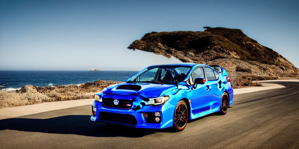 Image similar to photograph, 2015 Subaru WRX STi, cinematic, PCH, california coast, ocean view, 8k, depth of field, bokeh.