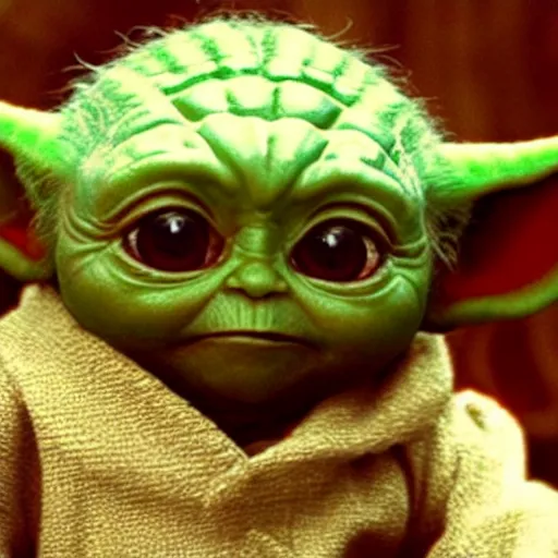 Image similar to A film still of Baby Yoda as a Jedi king realistic,detailed