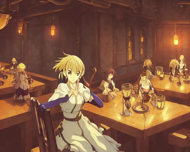 Image similar to anime visual, portrait of a young female in a busy fantasy medieval tavern interior at night, face by yoh yoshinari, murata range, last exile, blue submarine no 6, dynamic pose, dynamic perspective, detailed silhouette, rich texture, seven deadly sins anime, flat, anime cels, matte color, flat lighting on face, rounded eyes