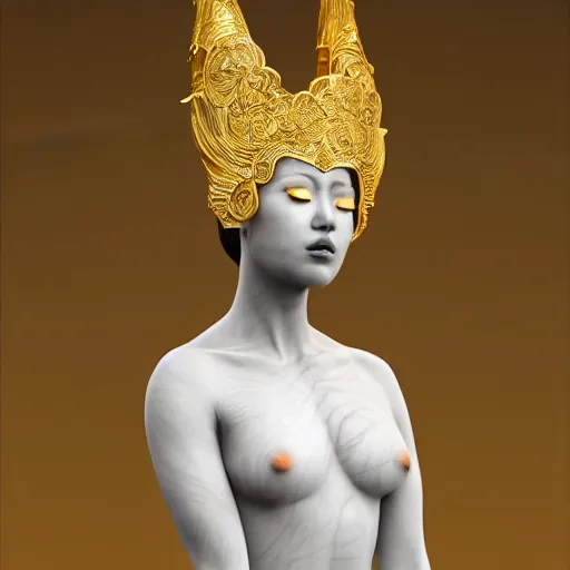 Image similar to a statue made of white marble with gold veins, of an beautiful japanese bellydancer, perfect symmetrical body, perfect symmetrical face, no eyes, hyper realistic, hyper detailed, fujicolor superia 1 6 0 0 photo, full body shot, by peter kemp, by monia merlo octane render, blender, 8 k