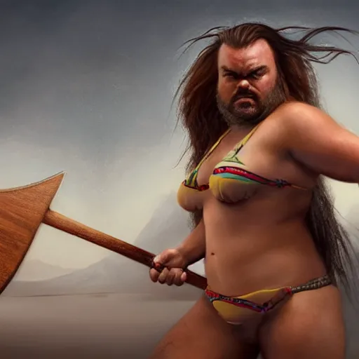 Prompt: hyperrealistic mixed media image of jack black in a bikini donning a mighty axe, stunning 3 d render inspired art by istvan sandorfi and greg rutkowski, perfect symmetry, realistic, highly detailed attributes and atmosphere, dim volumetric cinematic lighting, 8 k octane extremely hyper - detailed render, post - processing, masterpiece,