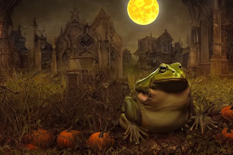 Image similar to an ultra detailed animation of a halloween bullfrog in a graveyard at midnight, digital art, dark fantasy, concept art, soulslike, by alphonse mucha, blood moon eclipse, ruined building in the background, artstation, 8 k, unreal engine render