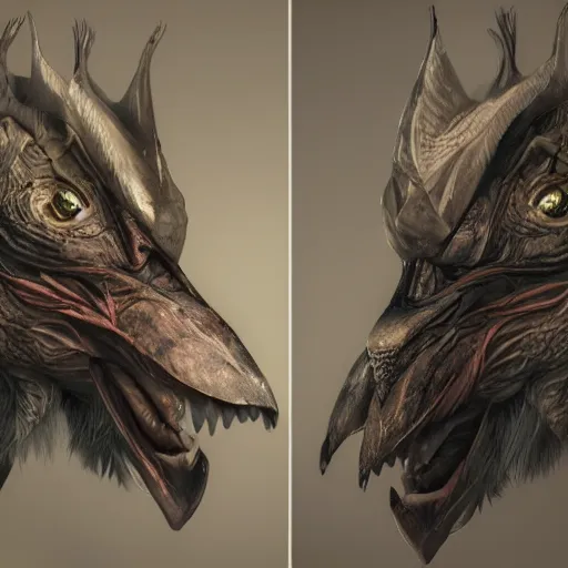 Image similar to realistic portrait of an axebeak, fantasy book, high detail, 8 k, octane render painting, dark fantasy