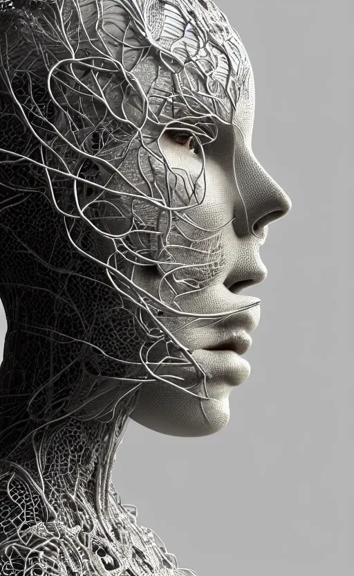 Image similar to complex 3d render of a beautiful profile woman face, vegetal dragon cyborg, 150 mm, beautiful natural soft light, rim light, silver details, magnolia stems, roots, fine lace, maze like, mandelbot fractal, anatomical, facial muscles, cable wires, microchip, elegant, highly detailed, white metallic armour, smoke vapour tornado, octane render, black and white, H.R. Giger style