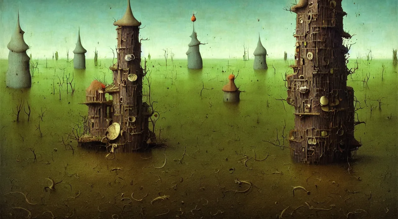 Prompt: single flooded simple fungus wooden tower, very coherent and colorful high contrast ultradetailed photorealistic masterpiece by franz sedlacek hieronymus bosch dean ellis simon stalenhag rene magritte gediminas pranckevicius, dark shadows, sunny day, hard lighting