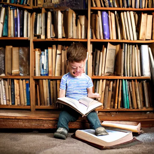 Prompt: medieval setting; high quality studio photograph; a young boy reading a book in a shoddy log cabing full of books; motes of dust can be seen in the sunlight filtering through gaps in the roof; the books are scattered without any apparent organization in piles and shelves everywhere with barely the space to walk around; not that there are that many books, the place is just really small