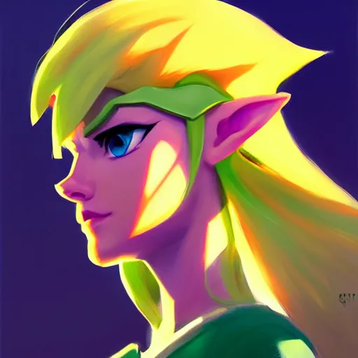 Image similar to portrait of a female Link from legend of Zelda, medium shot, asymmetrical, profile picture, Organic Painting, sunny day, Matte Painting, bold shapes, hard edges, street art, trending on artstation, by Greg Manchess and Loish and Sachin Teng