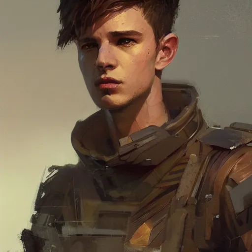 Prompt: Portrait of a man by Greg Rutkowski, he is about 20 years old, short copper hair, attractive, military composure, younger brother vibes, he is wearing futuristic military fatigues, highly detailed portrait, digital painting, artstation, concept art, smooth, sharp foccus ilustration, Artstation HQ.