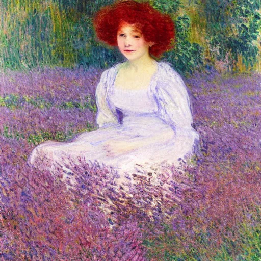 Prompt: portrait of cute girl with short curly red hair sitting in a field of lilac flowers, Monet painting of a modern girl